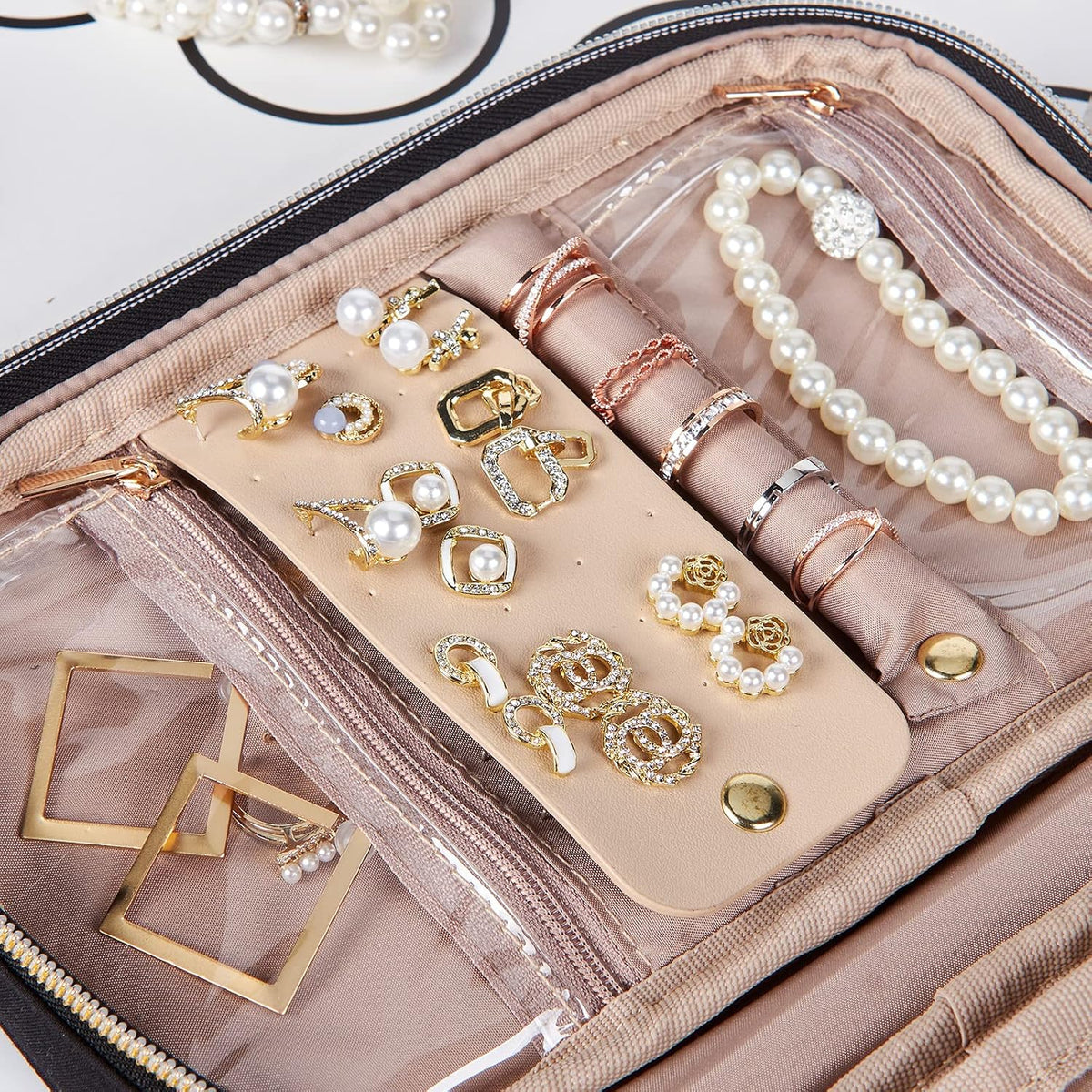 Travel Jewelry Case Organizer, Compact Jewelry Storage Bag for Necklaces, Earrings, Rings, Bracelets and Watch, Portable Jewelry Holder for Trip, Vacation, Daily Use, Pink