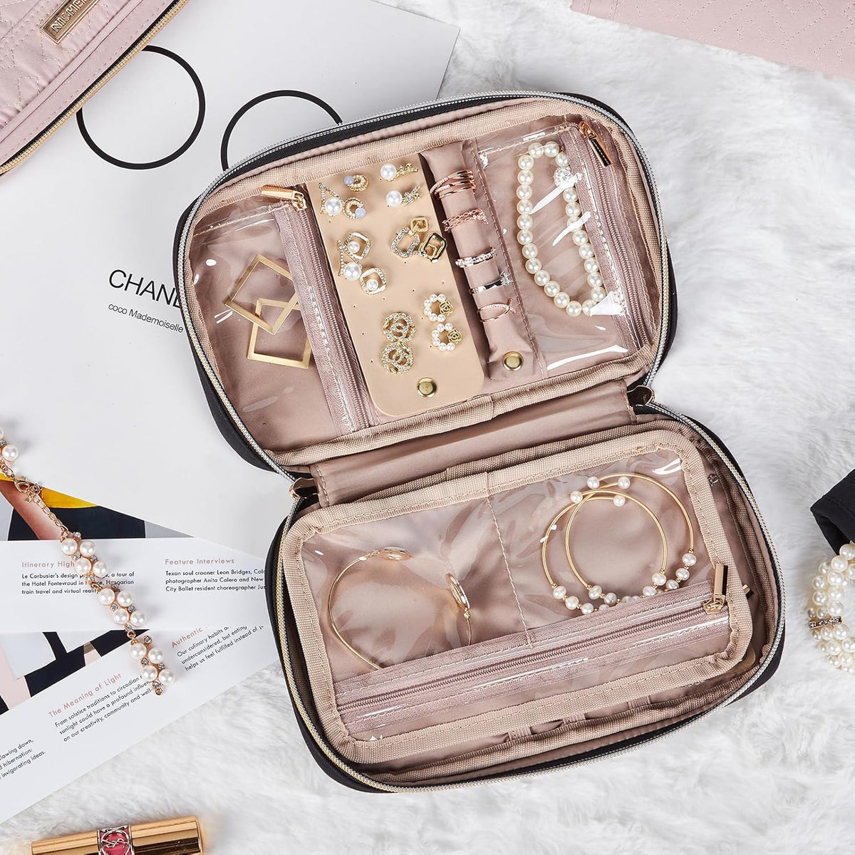 Travel Jewelry Case Organizer, Compact Jewelry Storage Bag for Necklaces, Earrings, Rings, Bracelets and Watch, Portable Jewelry Holder for Trip, Vacation, Daily Use, Pink