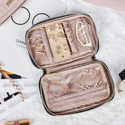 Travel Jewelry Case Organizer, Compact Jewelry Storage Bag for Necklaces, Earrings, Rings, Bracelets and Watch, Portable Jewelry Holder for Trip, Vacation, Daily Use, Pink