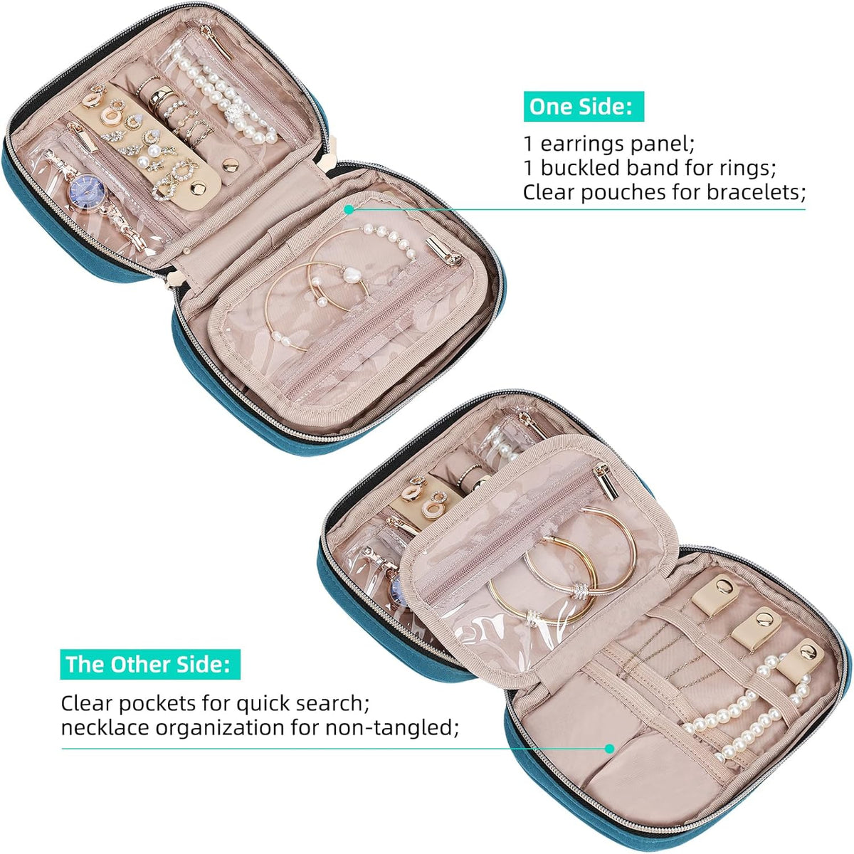 Travel Jewelry Case Organizer, Compact Jewelry Storage Bag for Necklaces, Earrings, Rings, Bracelets and Watch, Portable Jewelry Holder for Trip, Vacation, Daily Use, Pink