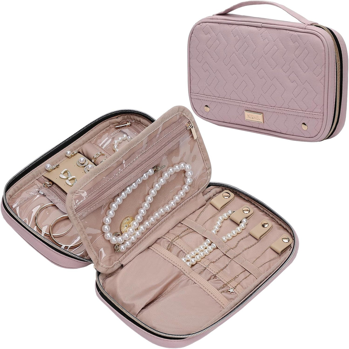 Travel Jewelry Case Organizer, Compact Jewelry Storage Bag for Necklaces, Earrings, Rings, Bracelets and Watch, Portable Jewelry Holder for Trip, Vacation, Daily Use, Pink