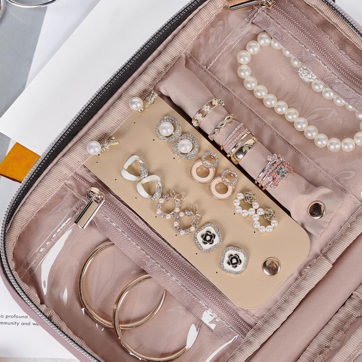 Travel Jewelry Case Organizer, Compact Jewelry Storage Bag for Necklaces, Earrings, Rings, Bracelets and Watch, Portable Jewelry Holder for Trip, Vacation, Daily Use, Pink