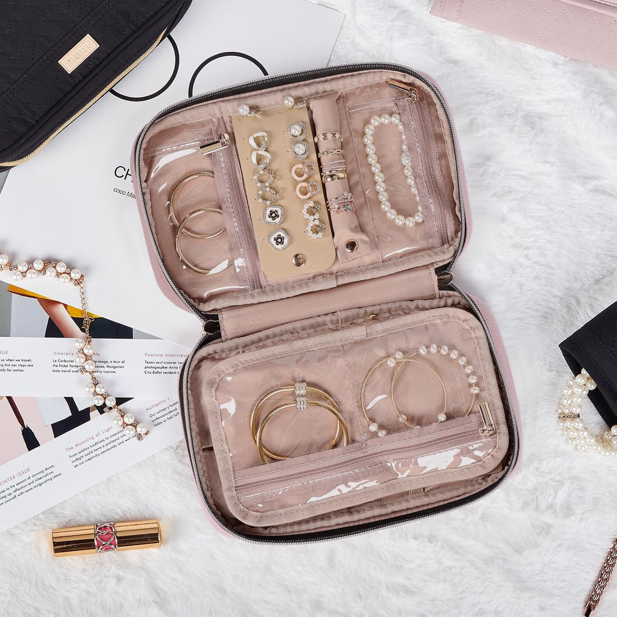 Travel Jewelry Case Organizer, Compact Jewelry Storage Bag for Necklaces, Earrings, Rings, Bracelets and Watch, Portable Jewelry Holder for Trip, Vacation, Daily Use, Pink