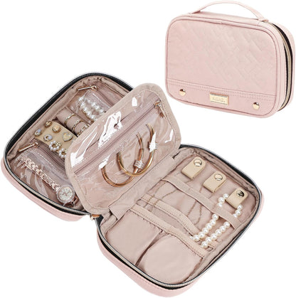 Travel Jewelry Case Organizer, Compact Jewelry Storage Bag for Necklaces, Earrings, Rings, Bracelets and Watch, Portable Jewelry Holder for Trip, Vacation, Daily Use, Pink