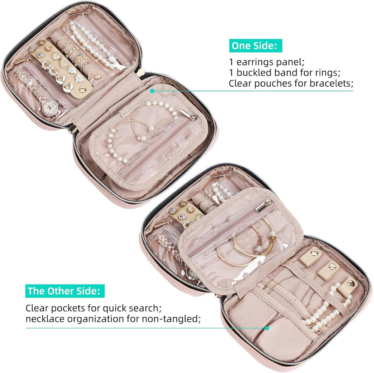 Travel Jewelry Case Organizer, Compact Jewelry Storage Bag for Necklaces, Earrings, Rings, Bracelets and Watch, Portable Jewelry Holder for Trip, Vacation, Daily Use, Pink