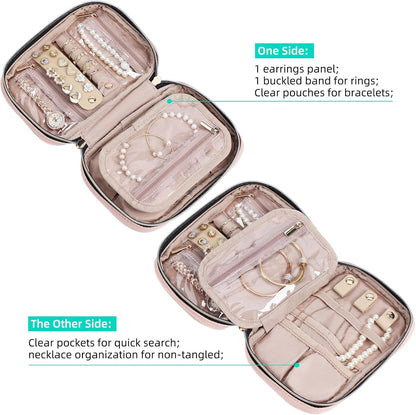 Travel Jewelry Case Organizer, Compact Jewelry Storage Bag for Necklaces, Earrings, Rings, Bracelets and Watch, Portable Jewelry Holder for Trip, Vacation, Daily Use, Pink