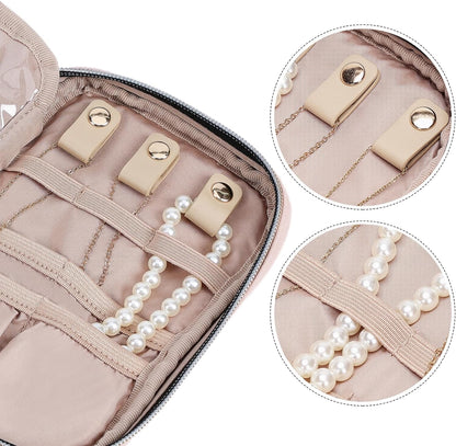 Travel Jewelry Case Organizer, Compact Jewelry Storage Bag for Necklaces, Earrings, Rings, Bracelets and Watch, Portable Jewelry Holder for Trip, Vacation, Daily Use, Pink