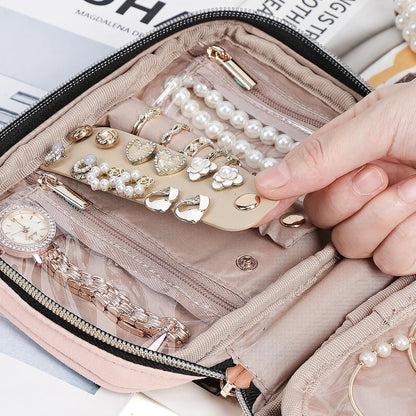 Travel Jewelry Case Organizer, Compact Jewelry Storage Bag for Necklaces, Earrings, Rings, Bracelets and Watch, Portable Jewelry Holder for Trip, Vacation, Daily Use, Pink