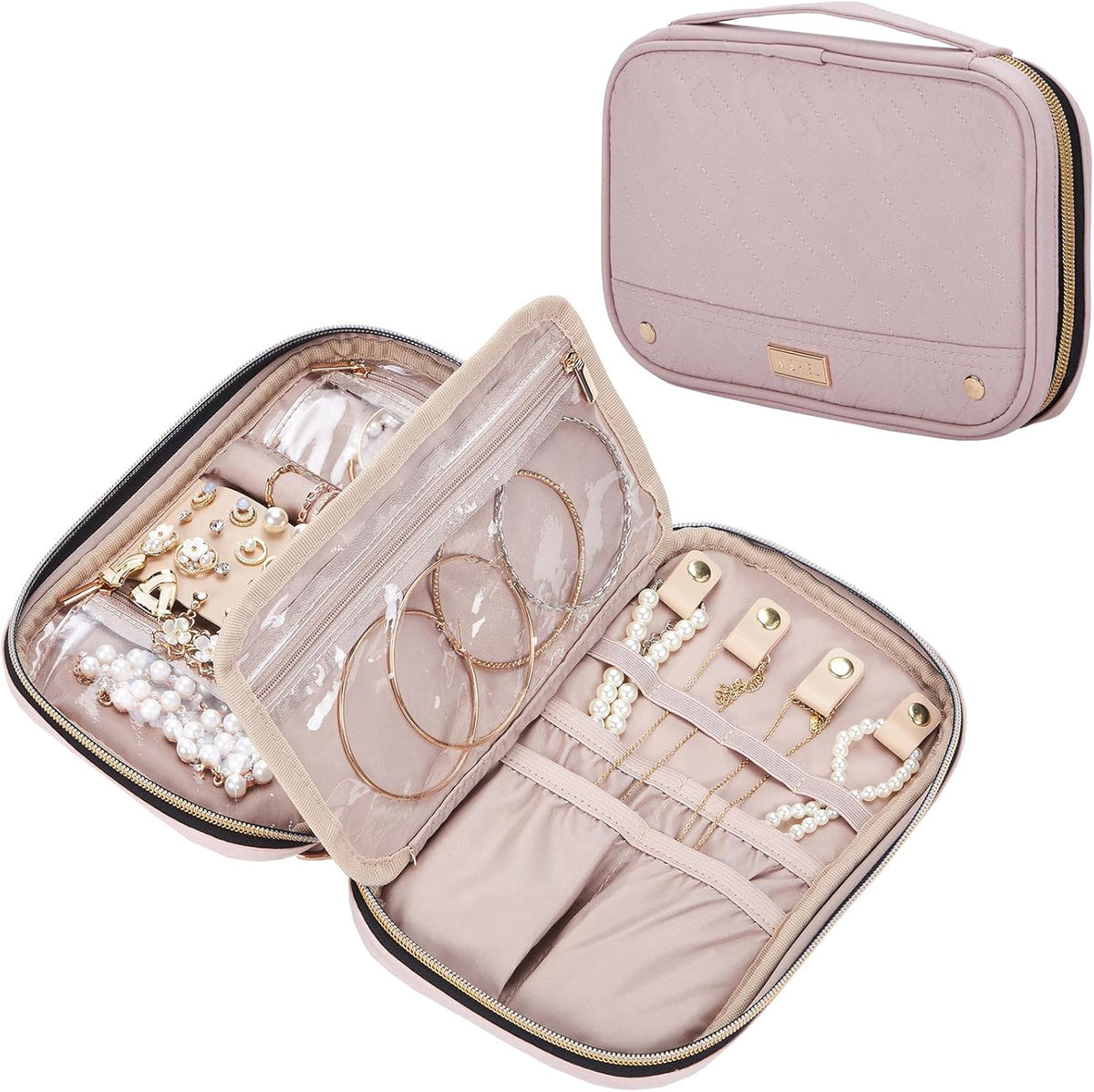 Travel Jewelry Case Organizer, Compact Jewelry Storage Bag for Necklaces, Earrings, Rings, Bracelets and Watch, Portable Jewelry Holder for Trip, Vacation, Daily Use, Pink