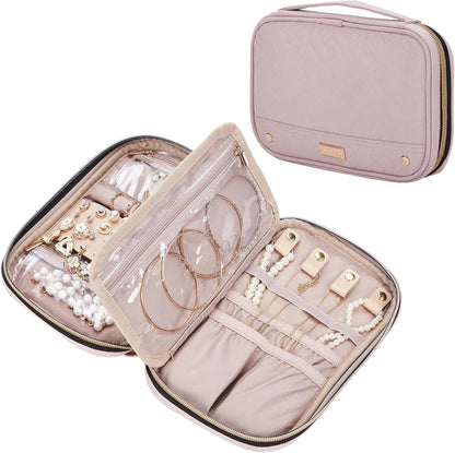 Travel Jewelry Case Organizer, Compact Jewelry Storage Bag for Necklaces, Earrings, Rings, Bracelets and Watch, Portable Jewelry Holder for Trip, Vacation, Daily Use, Pink