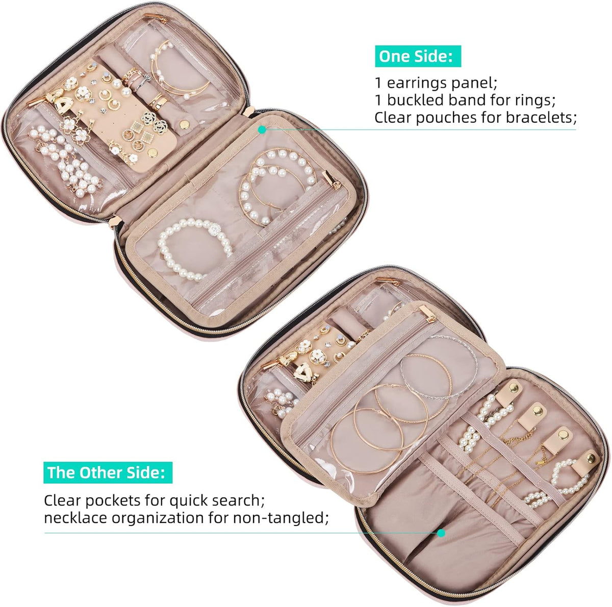 Travel Jewelry Case Organizer, Compact Jewelry Storage Bag for Necklaces, Earrings, Rings, Bracelets and Watch, Portable Jewelry Holder for Trip, Vacation, Daily Use, Pink
