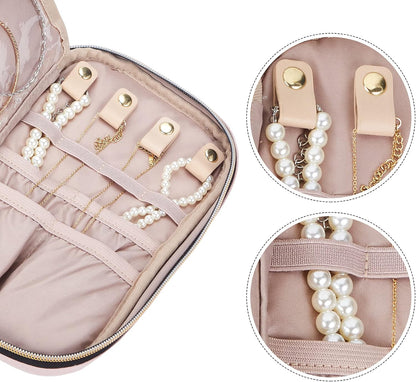 Travel Jewelry Case Organizer, Compact Jewelry Storage Bag for Necklaces, Earrings, Rings, Bracelets and Watch, Portable Jewelry Holder for Trip, Vacation, Daily Use, Pink