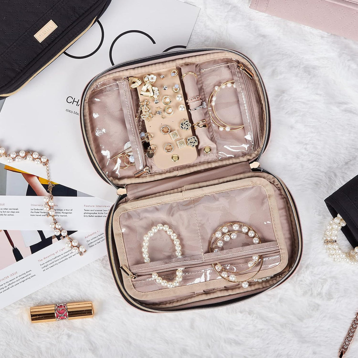 Travel Jewelry Case Organizer, Compact Jewelry Storage Bag for Necklaces, Earrings, Rings, Bracelets and Watch, Portable Jewelry Holder for Trip, Vacation, Daily Use, Pink