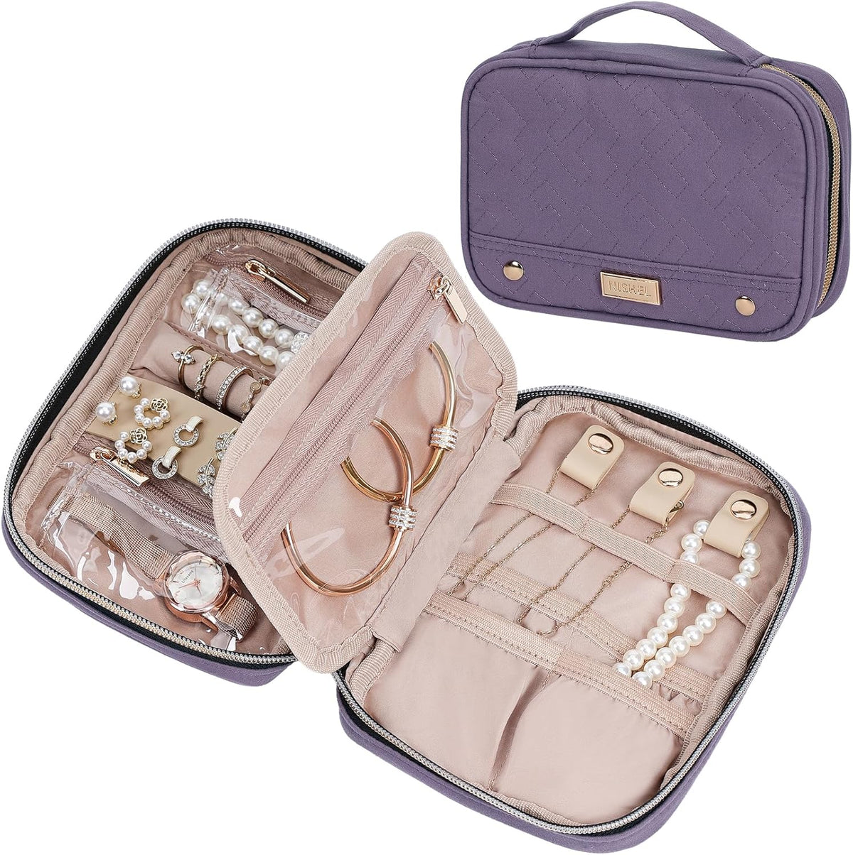 Travel Jewelry Case Organizer, Compact Jewelry Storage Bag for Necklaces, Earrings, Rings, Bracelets and Watch, Portable Jewelry Holder for Trip, Vacation, Daily Use, Pink