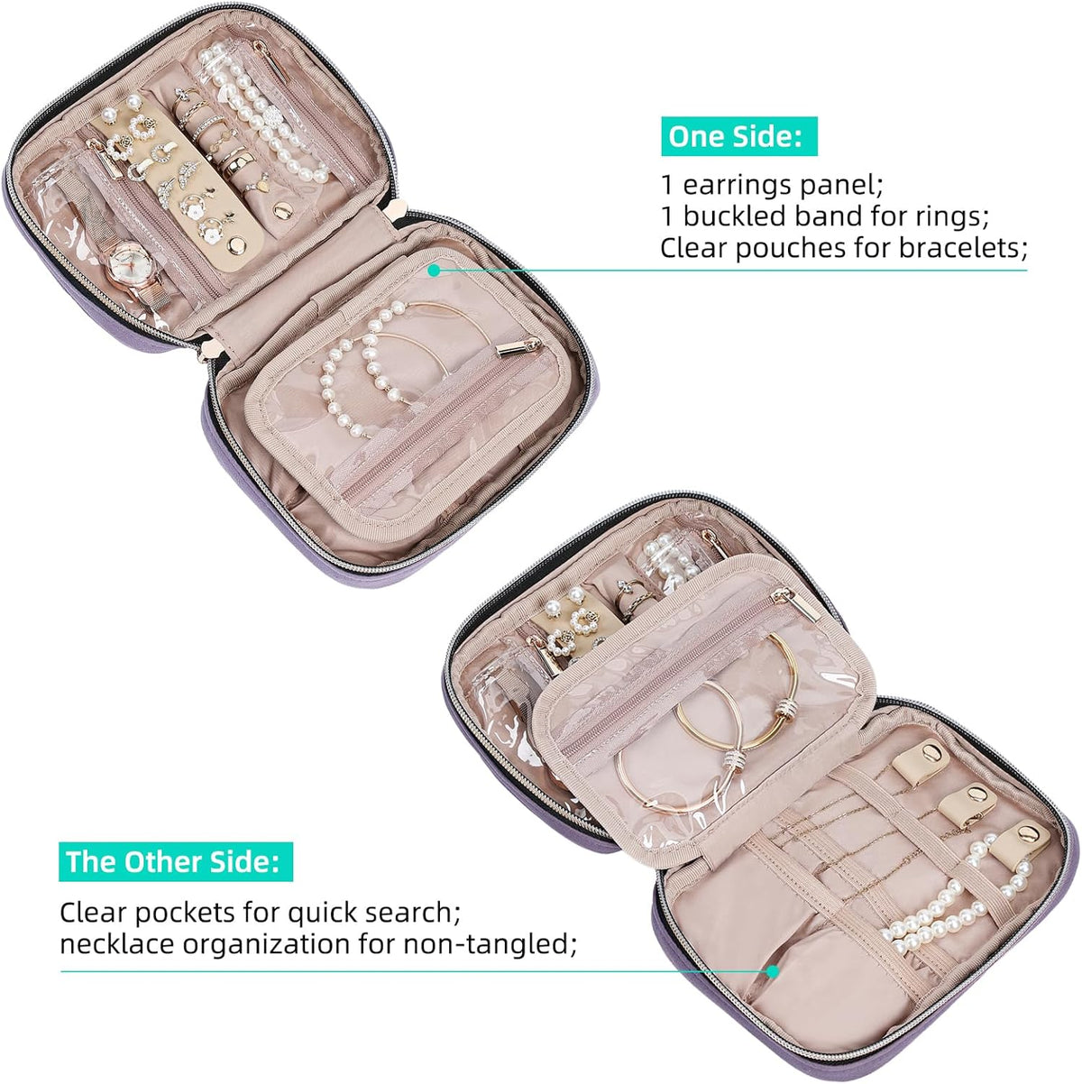 Travel Jewelry Case Organizer, Compact Jewelry Storage Bag for Necklaces, Earrings, Rings, Bracelets and Watch, Portable Jewelry Holder for Trip, Vacation, Daily Use, Pink