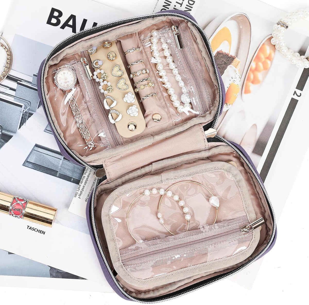 Travel Jewelry Case Organizer, Compact Jewelry Storage Bag for Necklaces, Earrings, Rings, Bracelets and Watch, Portable Jewelry Holder for Trip, Vacation, Daily Use, Pink