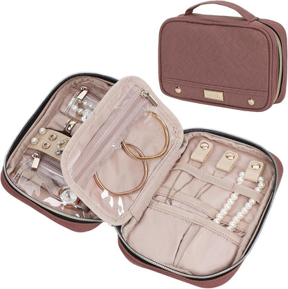 Travel Jewelry Case Organizer, Compact Jewelry Storage Bag for Necklaces, Earrings, Rings, Bracelets and Watch, Portable Jewelry Holder for Trip, Vacation, Daily Use, Pink