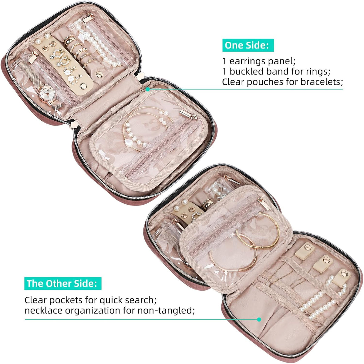 Travel Jewelry Case Organizer, Compact Jewelry Storage Bag for Necklaces, Earrings, Rings, Bracelets and Watch, Portable Jewelry Holder for Trip, Vacation, Daily Use, Pink