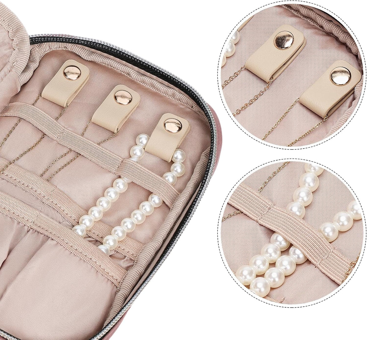Travel Jewelry Case Organizer, Compact Jewelry Storage Bag for Necklaces, Earrings, Rings, Bracelets and Watch, Portable Jewelry Holder for Trip, Vacation, Daily Use, Pink