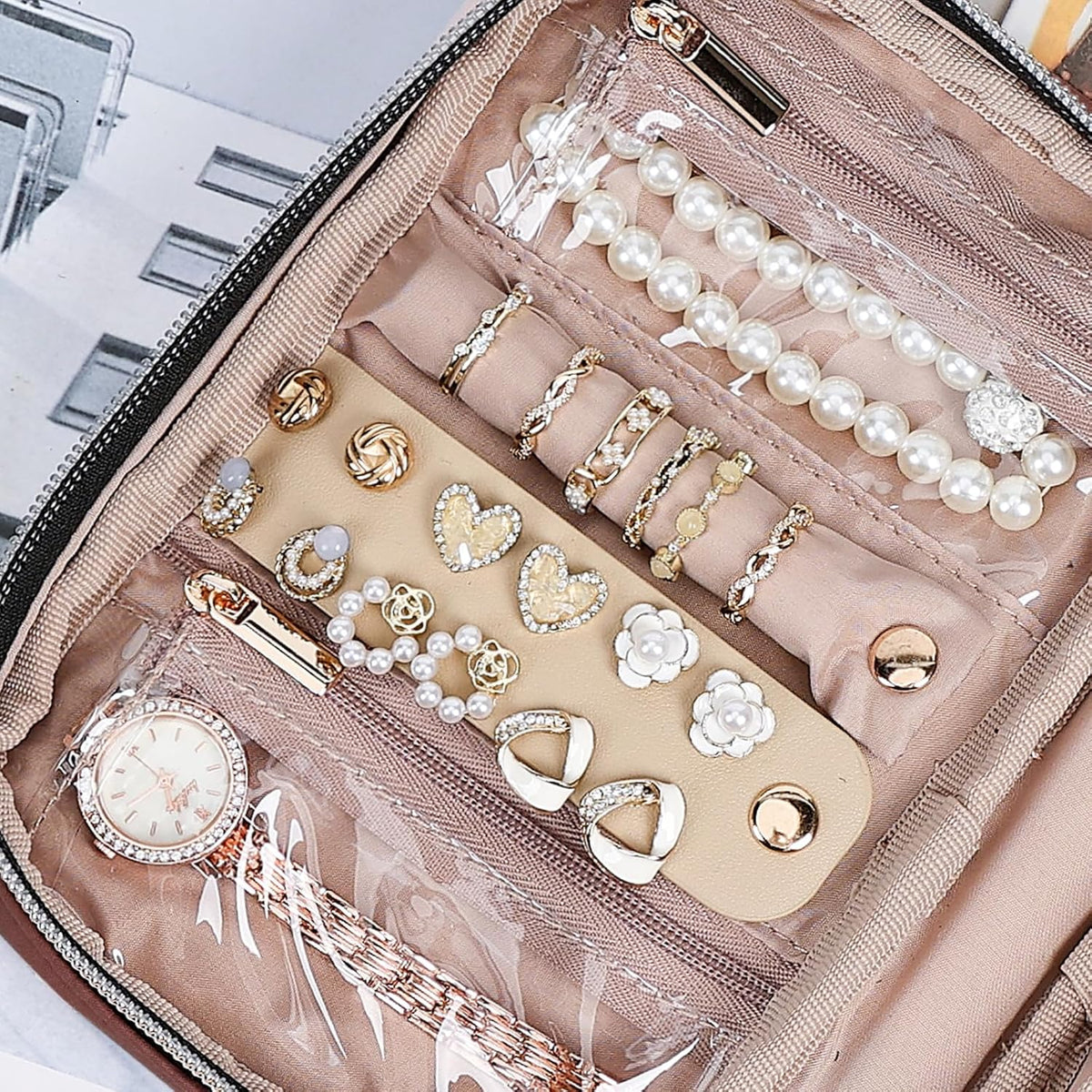 Travel Jewelry Case Organizer, Compact Jewelry Storage Bag for Necklaces, Earrings, Rings, Bracelets and Watch, Portable Jewelry Holder for Trip, Vacation, Daily Use, Pink