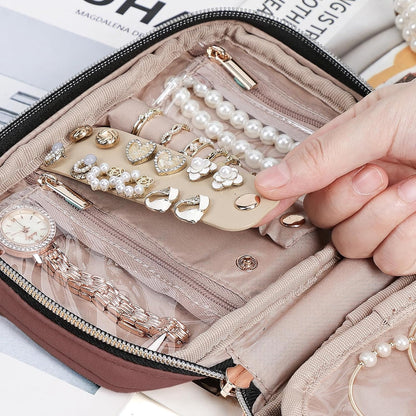 Travel Jewelry Case Organizer, Compact Jewelry Storage Bag for Necklaces, Earrings, Rings, Bracelets and Watch, Portable Jewelry Holder for Trip, Vacation, Daily Use, Pink