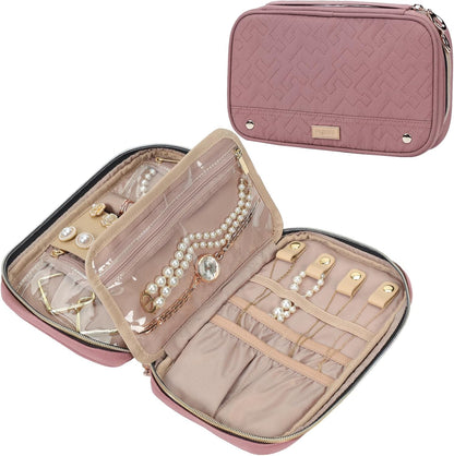 Travel Jewelry Case Organizer, Compact Jewelry Storage Bag for Necklaces, Earrings, Rings, Bracelets and Watch, Portable Jewelry Holder for Trip, Vacation, Daily Use, Pink