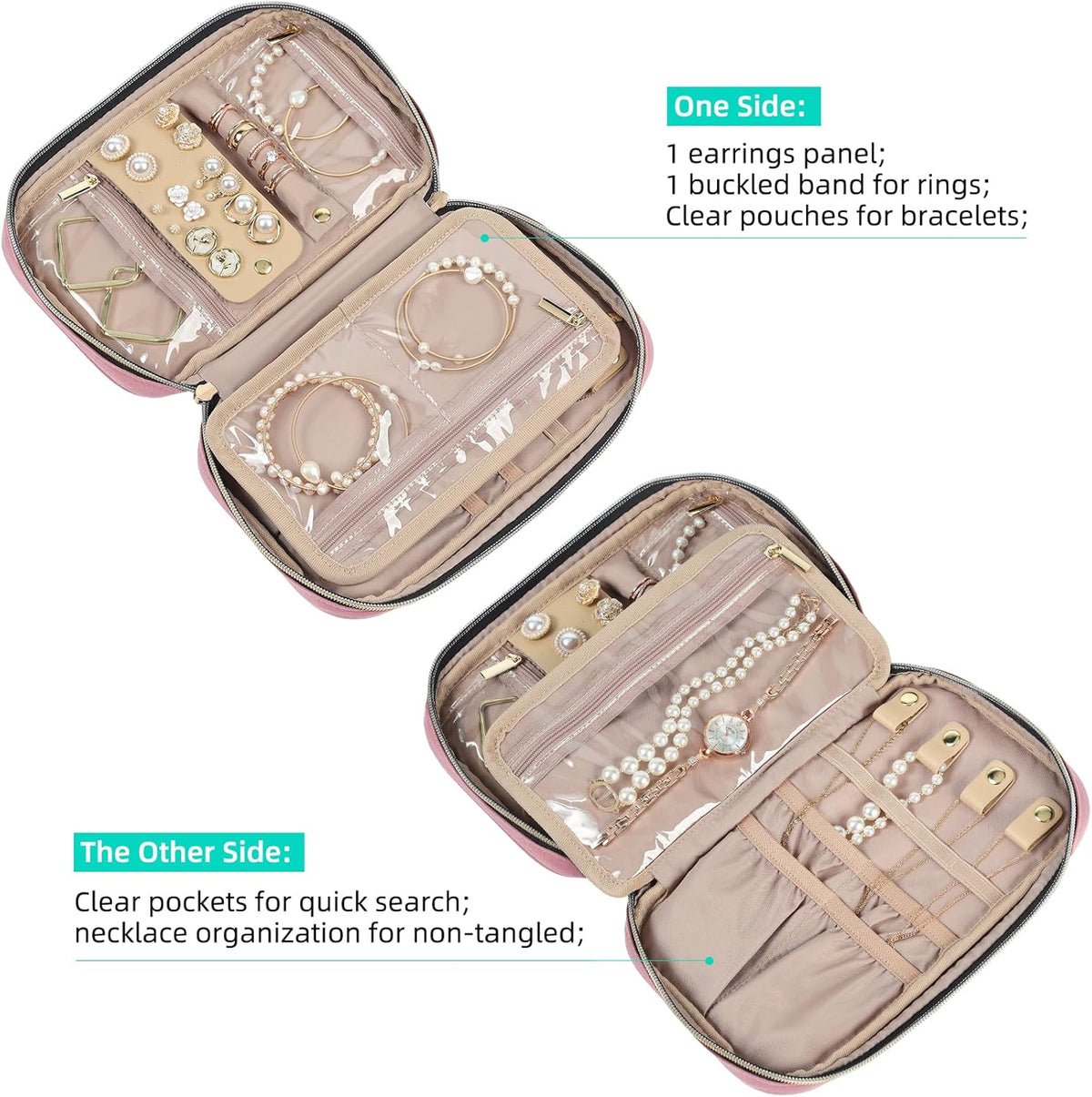 Travel Jewelry Case Organizer, Compact Jewelry Storage Bag for Necklaces, Earrings, Rings, Bracelets and Watch, Portable Jewelry Holder for Trip, Vacation, Daily Use, Pink