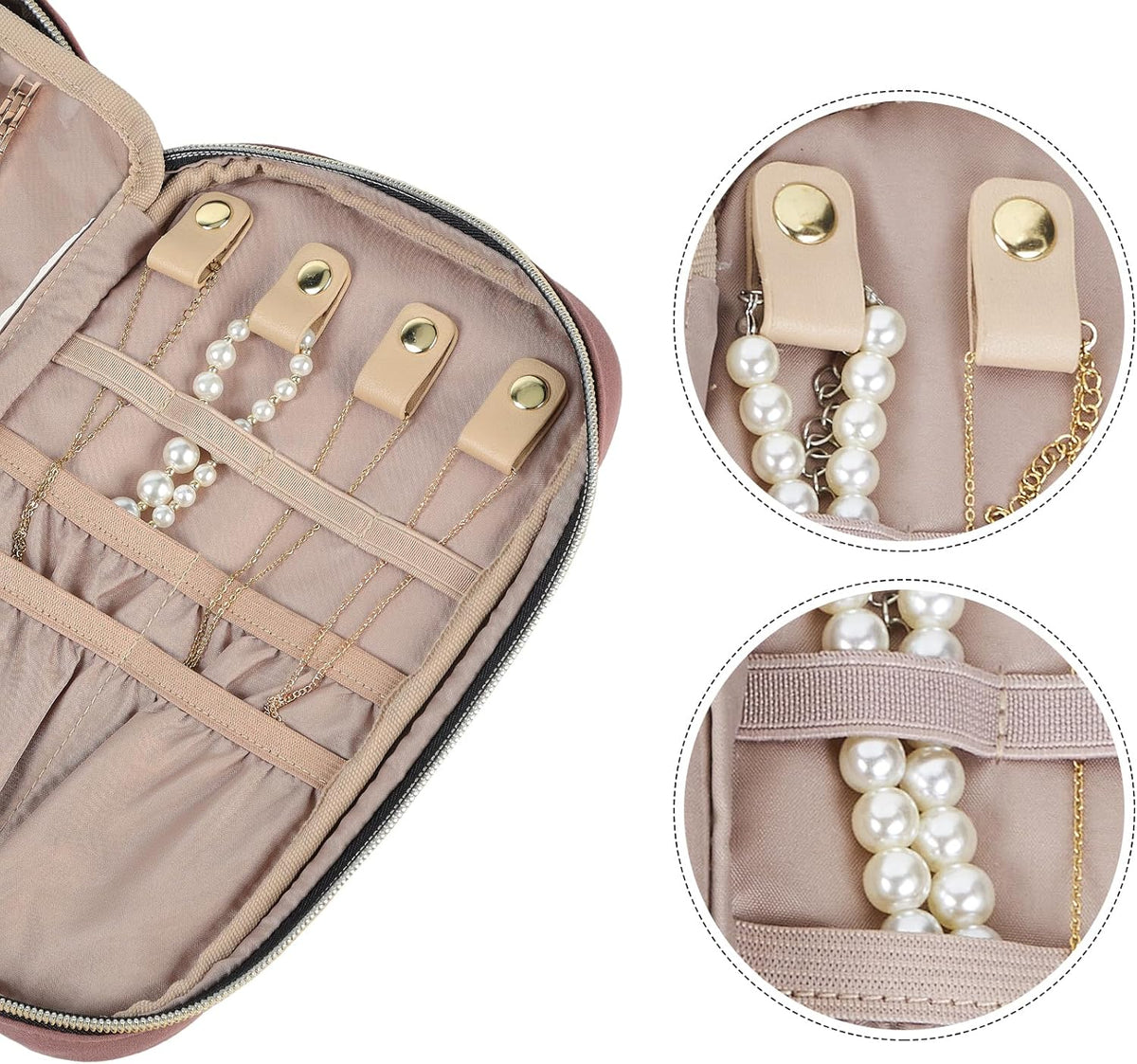 Travel Jewelry Case Organizer, Compact Jewelry Storage Bag for Necklaces, Earrings, Rings, Bracelets and Watch, Portable Jewelry Holder for Trip, Vacation, Daily Use, Pink