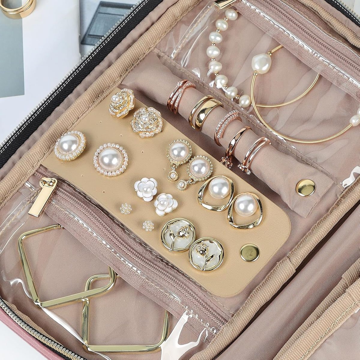 Travel Jewelry Case Organizer, Compact Jewelry Storage Bag for Necklaces, Earrings, Rings, Bracelets and Watch, Portable Jewelry Holder for Trip, Vacation, Daily Use, Pink