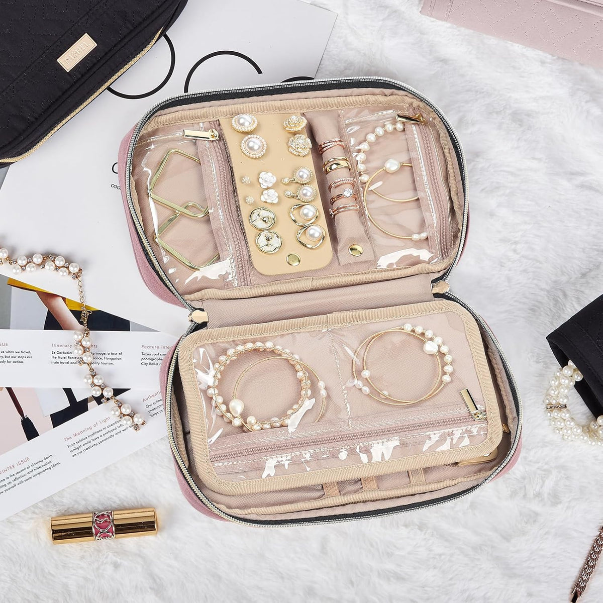 Travel Jewelry Case Organizer, Compact Jewelry Storage Bag for Necklaces, Earrings, Rings, Bracelets and Watch, Portable Jewelry Holder for Trip, Vacation, Daily Use, Pink