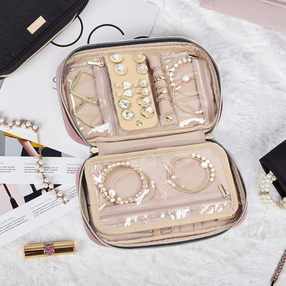 Travel Jewelry Case Organizer, Compact Jewelry Storage Bag for Necklaces, Earrings, Rings, Bracelets and Watch, Portable Jewelry Holder for Trip, Vacation, Daily Use, Pink