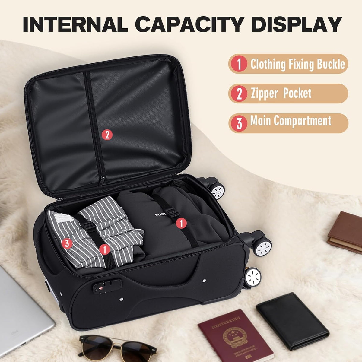 Softside Expandable Carry on Luggage with Spinner Wheels, Lightweight Fabric Suitcase with TSA Lock, Smooth Rolling Travel Luggage for Business and Vacation, 21 Inch