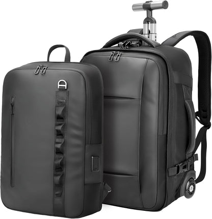 Travel Rolling Backpack,3 in 1 Carry on Backpack Flight Approved,Waterproof Personal Item Bag with Detachable Backpack,Extra Luggage Backpack 50L for Work Teacher College,Black