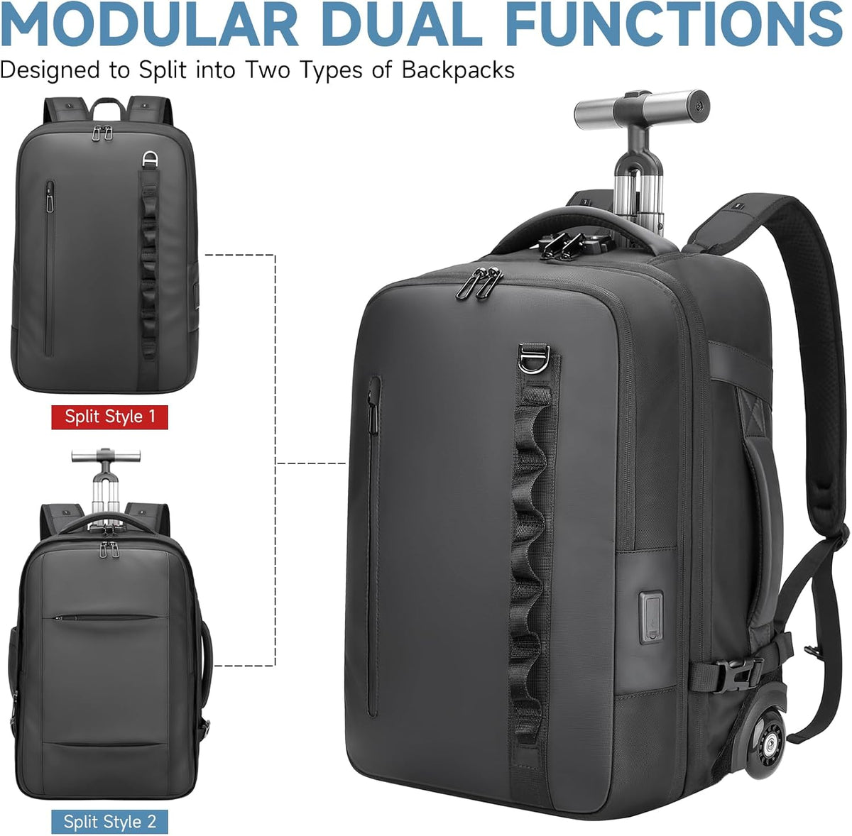 Travel Rolling Backpack,3 in 1 Carry on Backpack Flight Approved,Waterproof Personal Item Bag with Detachable Backpack,Extra Luggage Backpack 50L for Work Teacher College,Black