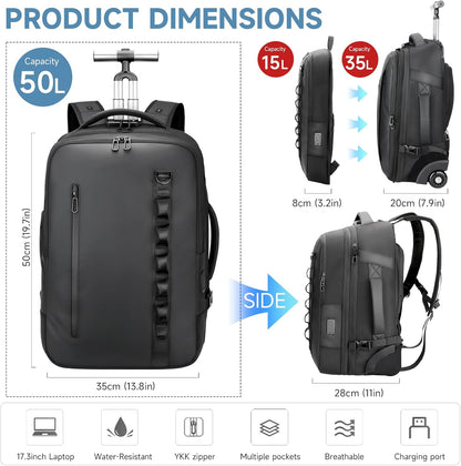 Travel Rolling Backpack,3 in 1 Carry on Backpack Flight Approved,Waterproof Personal Item Bag with Detachable Backpack,Extra Luggage Backpack 50L for Work Teacher College,Black