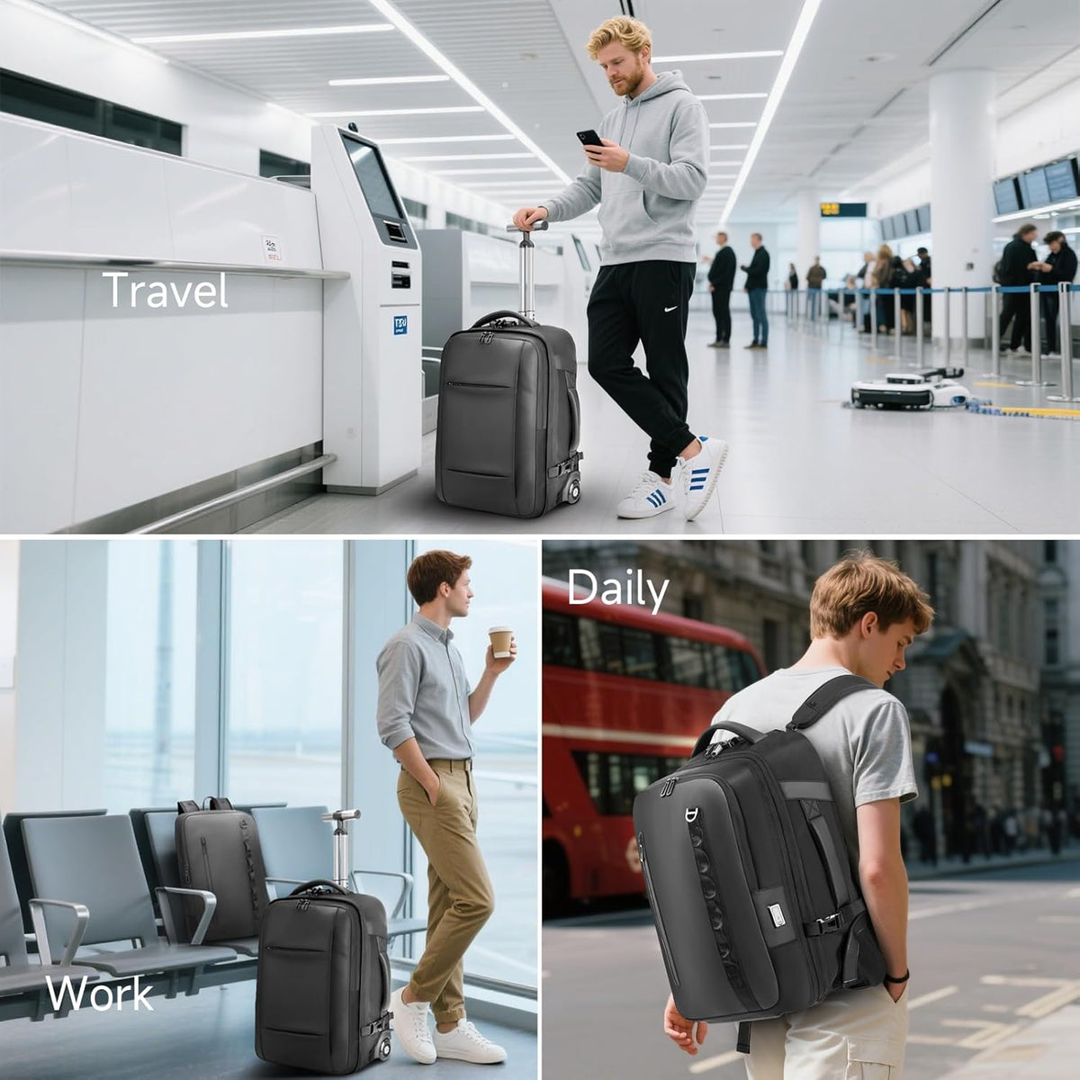 Travel Rolling Backpack,3 in 1 Carry on Backpack Flight Approved,Waterproof Personal Item Bag with Detachable Backpack,Extra Luggage Backpack 50L for Work Teacher College,Black