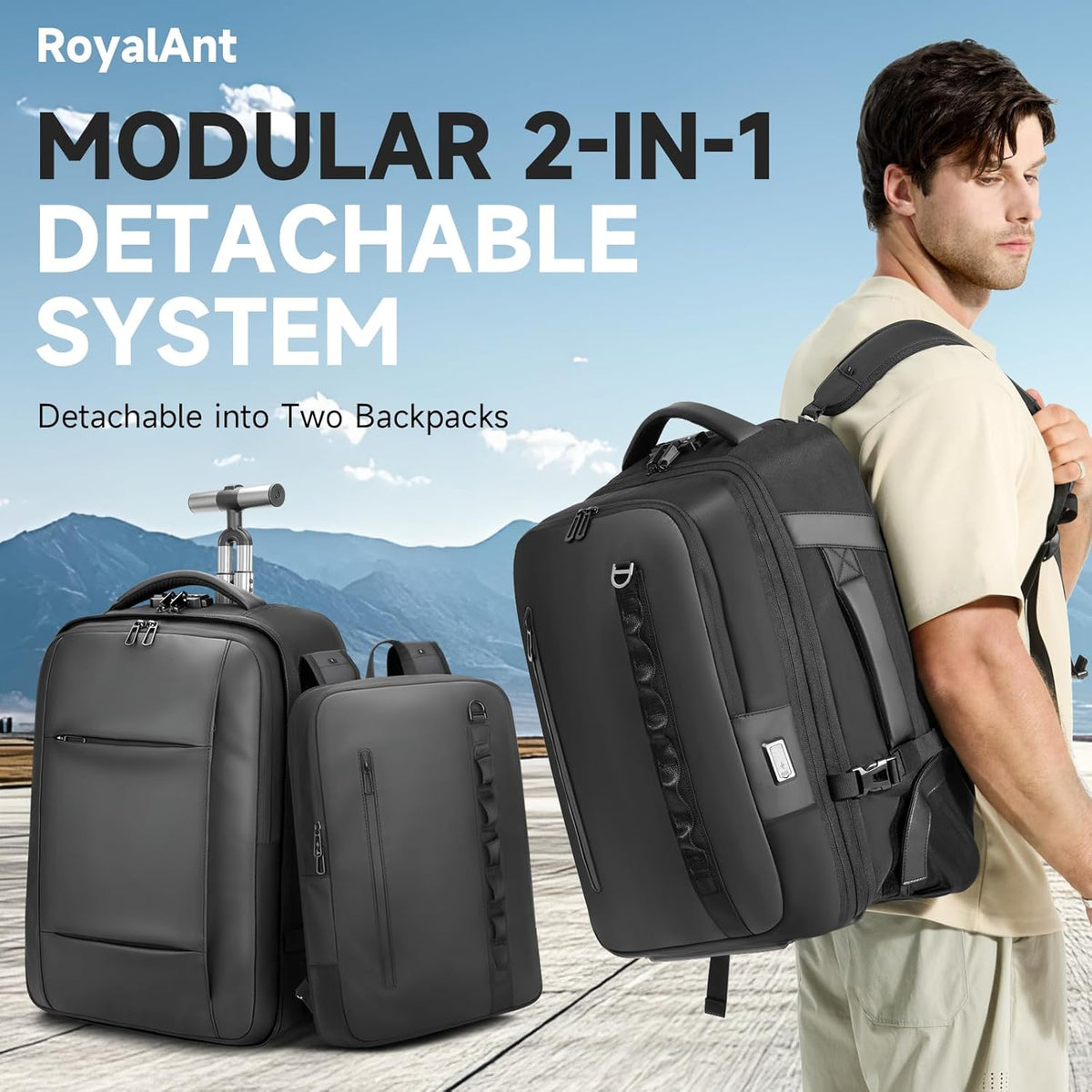 Travel Rolling Backpack,3 in 1 Carry on Backpack Flight Approved,Waterproof Personal Item Bag with Detachable Backpack,Extra Luggage Backpack 50L for Work Teacher College,Black