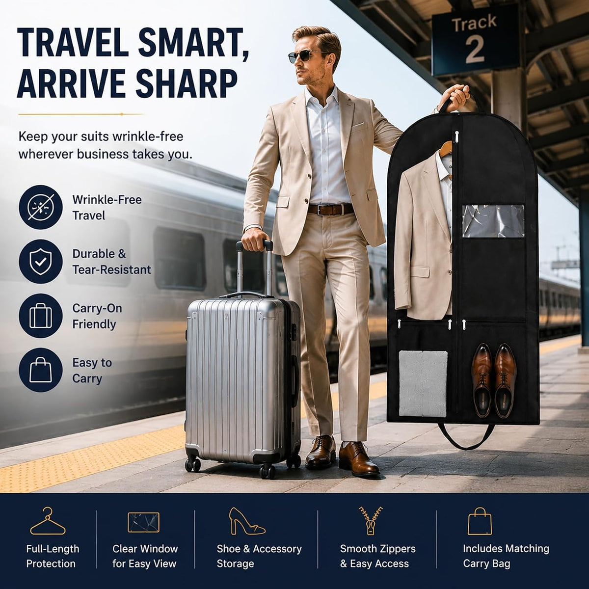 Long Garment Bag for Men, Foldable Coat Travel Bag with Shoe Pocket | Store winter coats, jackets and suits with a foldable garment bag featuring shoe storage for travel, closets and trips