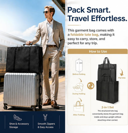 Long Garment Bag for Men, Foldable Coat Travel Bag with Shoe Pocket | Store winter coats, jackets and suits with a foldable garment bag featuring shoe storage for travel, closets and trips