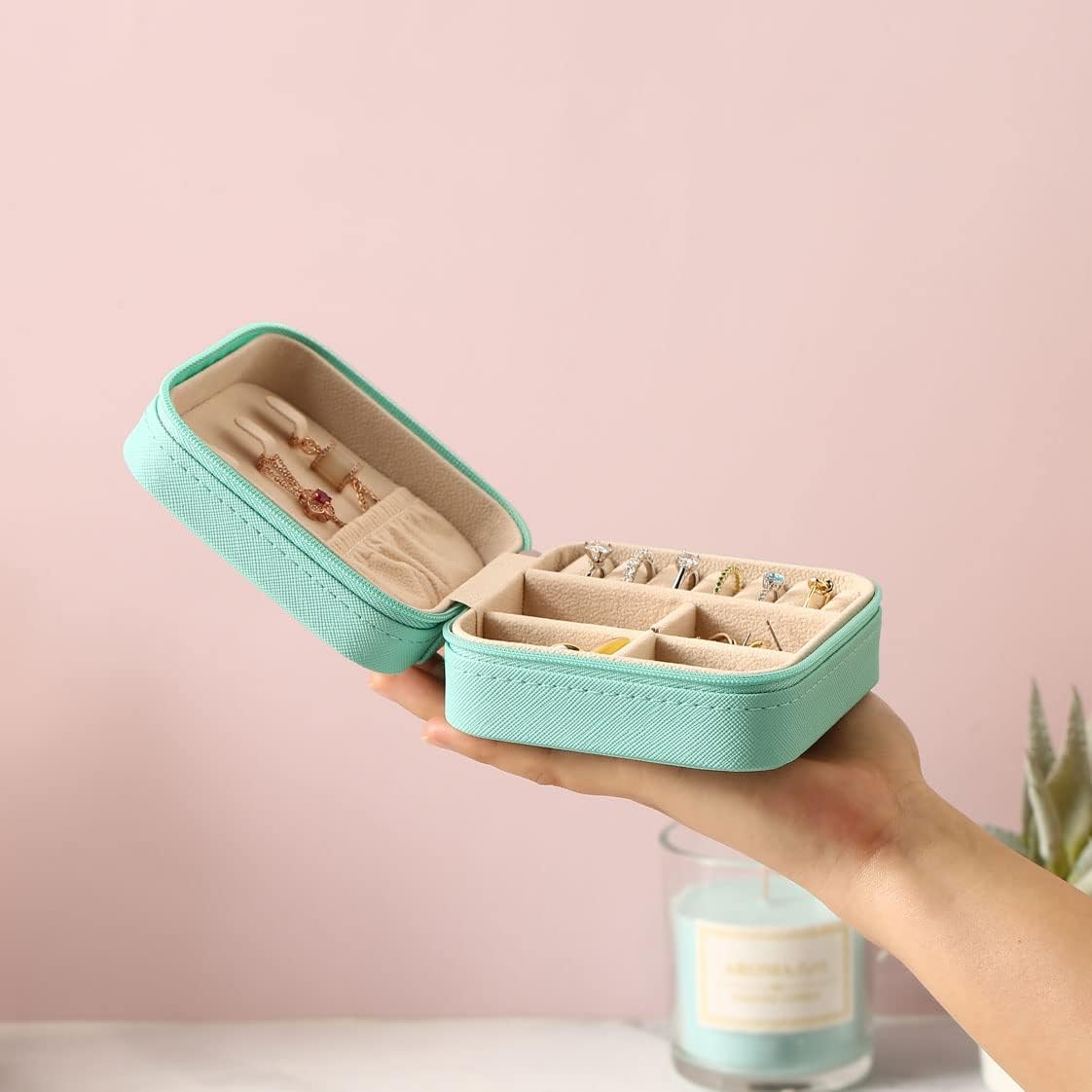 Travel Jewelry Case, Mini Portable Jewelry Travel Boxes, Small Jewelry Organizer for Rings, Earrings, Pendants, Watches, Necklaces, Lipsticks Organizer Storage Holder Case (Pink)
