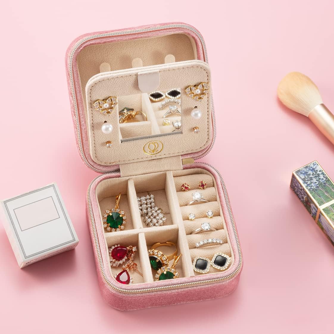 Travel Jewelry Case, Mini Portable Jewelry Travel Boxes, Small Jewelry Organizer for Rings, Earrings, Pendants, Watches, Necklaces, Lipsticks Organizer Storage Holder Case (Pink)
