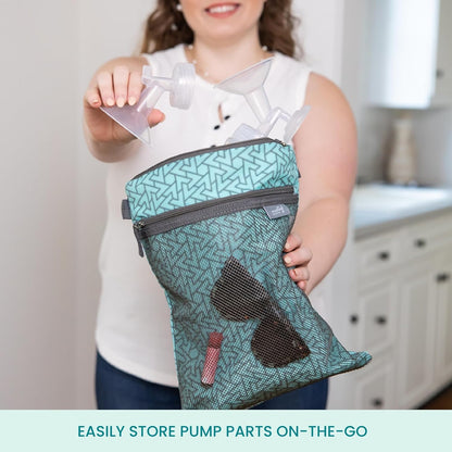 Baby Wet Dry Bag - Double-Compartment Bag for Wet Clothes & Dry Items - Travel Laundry Bags for Moms On-the-Go - Diaper Wet Bag for Pump Parts, Dirty Baby Clothes, Swimsuits (Aqua)