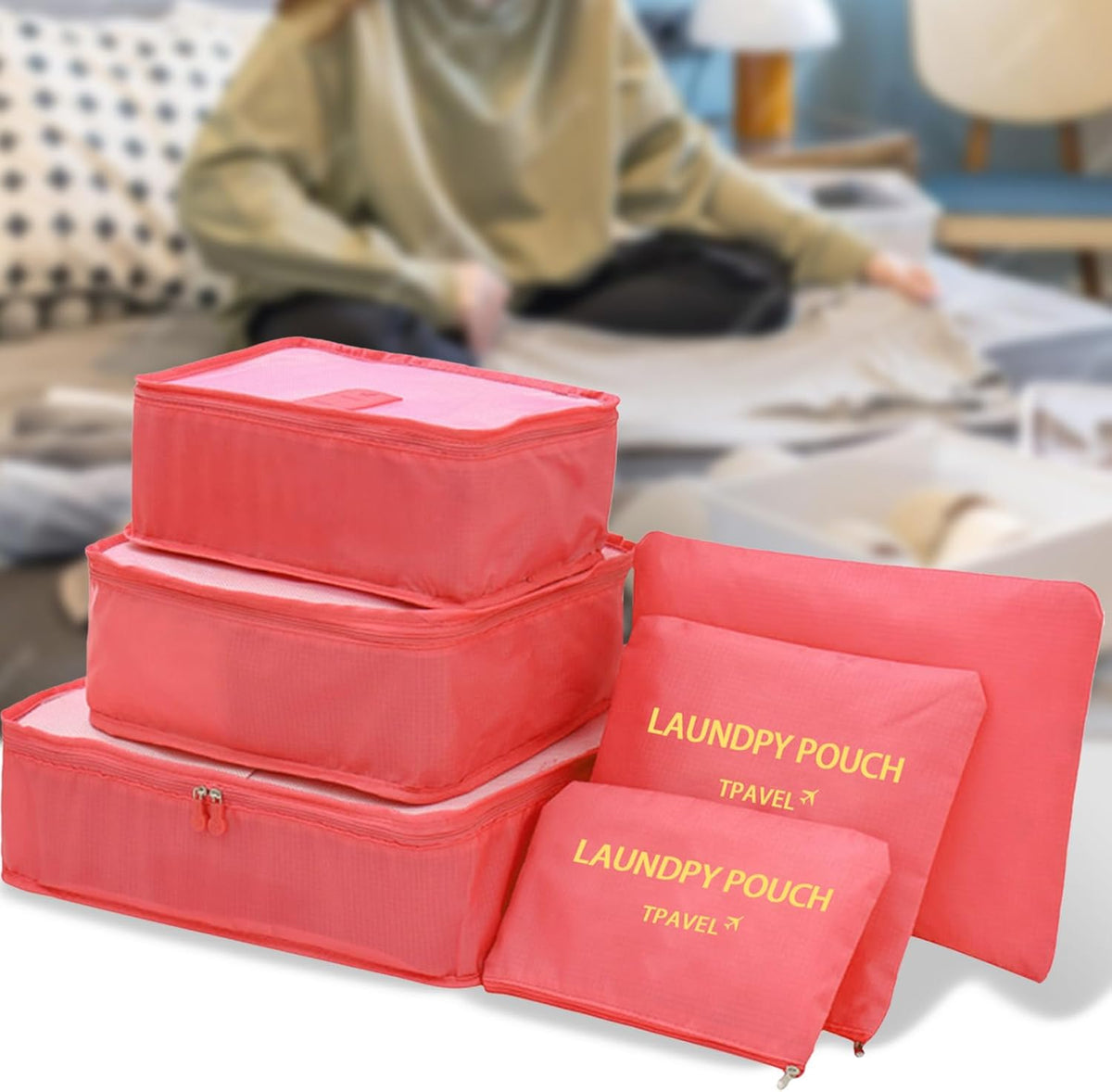 6 Set Travel Packing Cubes Lightweight Nylon Suitcase Luggage Organizer Bags Machine Washable Travel Clothes Packing Bag (Green)