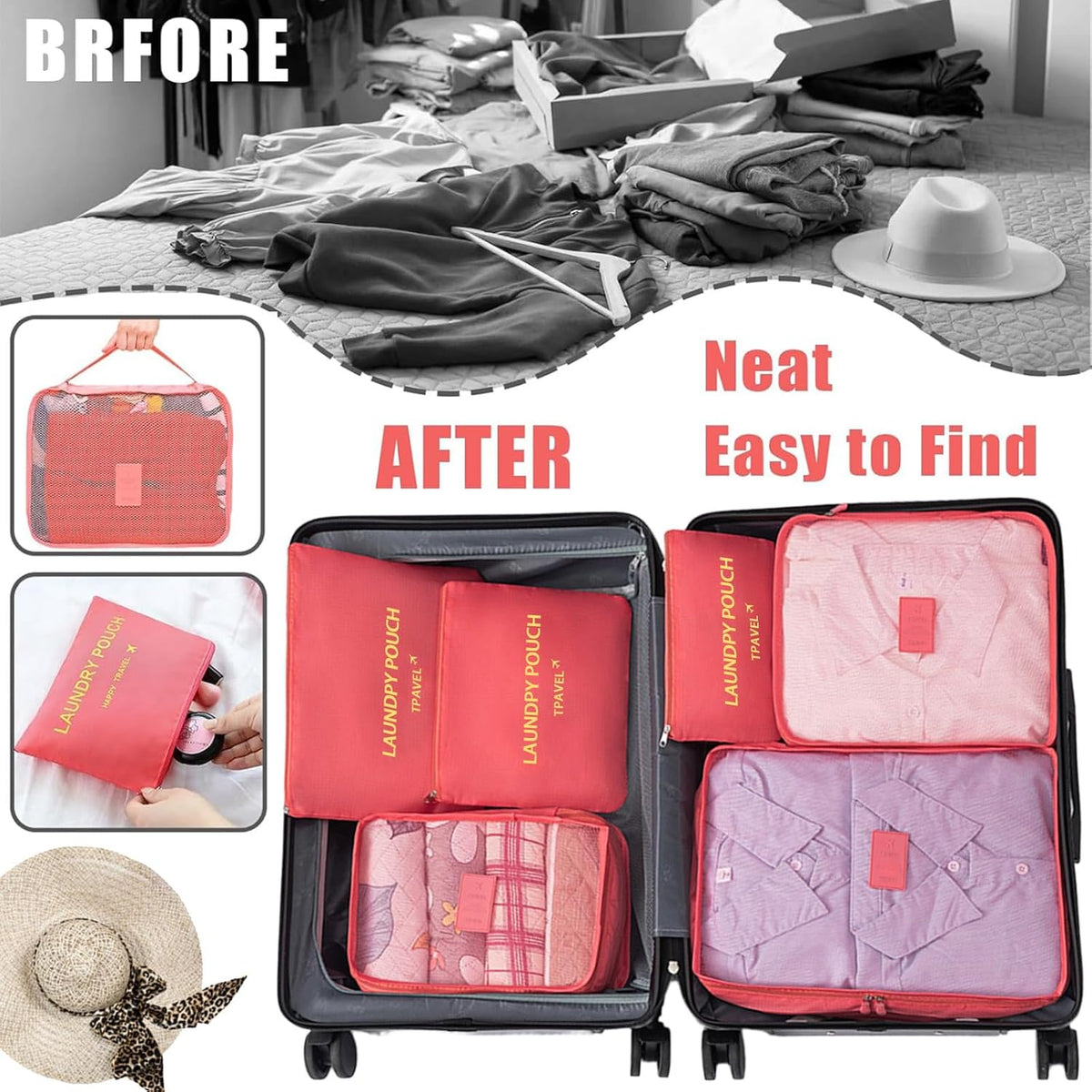 6 Set Travel Packing Cubes Lightweight Nylon Suitcase Luggage Organizer Bags Machine Washable Travel Clothes Packing Bag (Green)