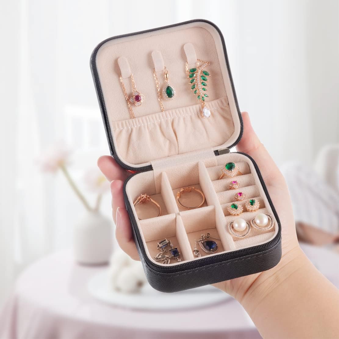 Plush Velvet Jewelry Travel Case,Small Jewelry Box,Traveling Jewelry Organizer,Portable Jewellery Storage Holder for Rings Earrings Necklace Bracelet, for Girls Women | Pink-Mirror