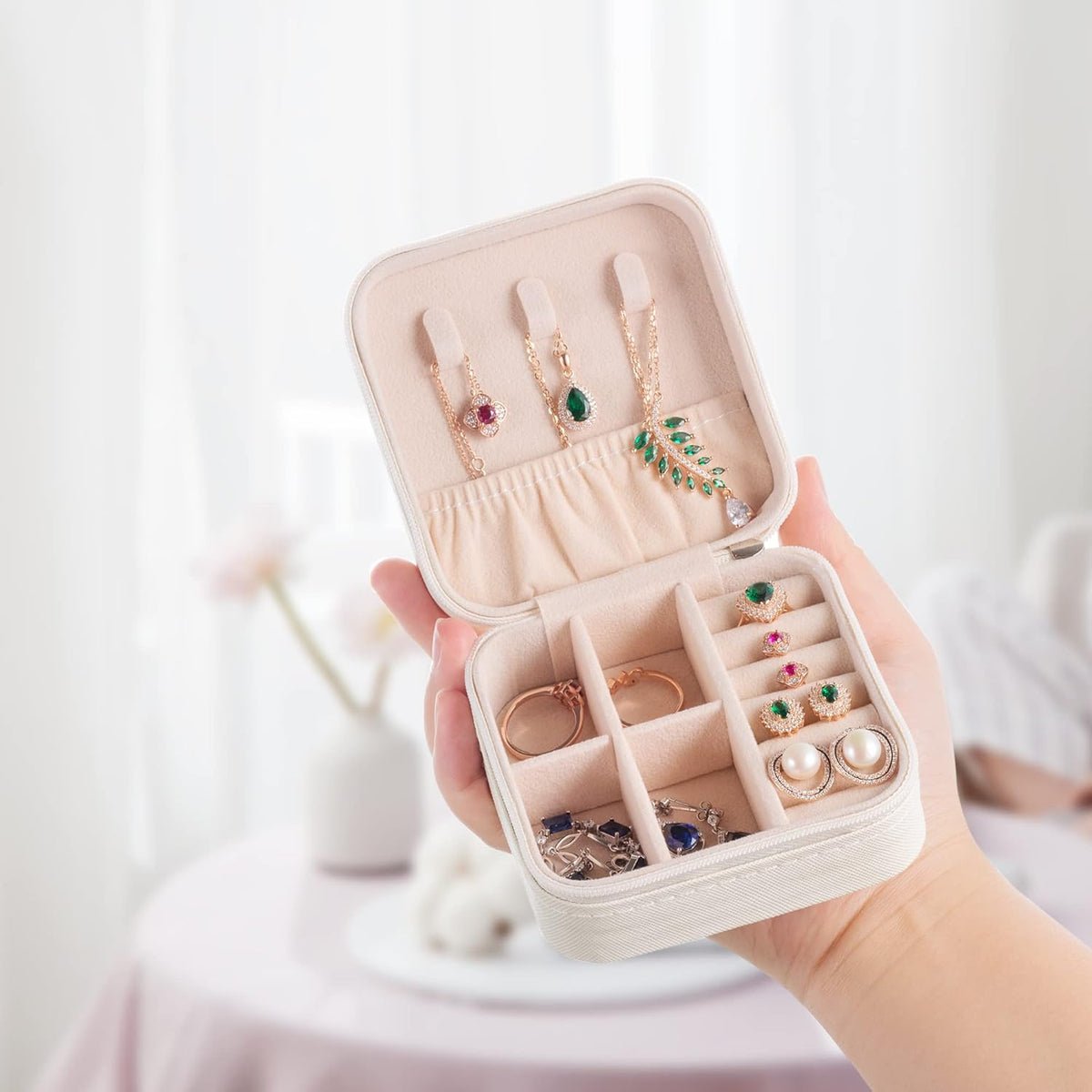 Plush Velvet Jewelry Travel Case,Small Jewelry Box,Traveling Jewelry Organizer,Portable Jewellery Storage Holder for Rings Earrings Necklace Bracelet, for Girls Women | Pink-Mirror