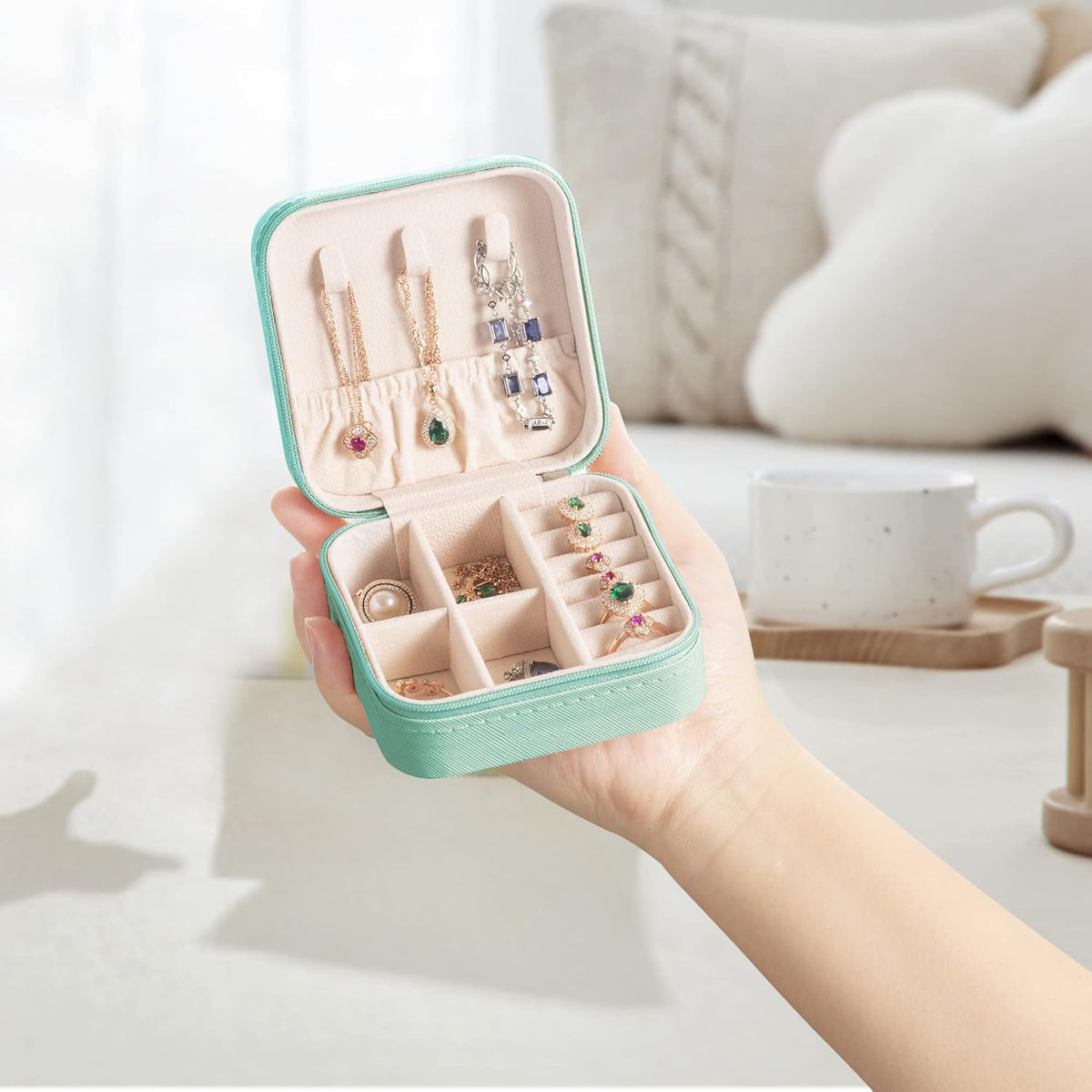 Plush Velvet Jewelry Travel Case,Small Jewelry Box,Traveling Jewelry Organizer,Portable Jewellery Storage Holder for Rings Earrings Necklace Bracelet, for Girls Women | Pink-Mirror