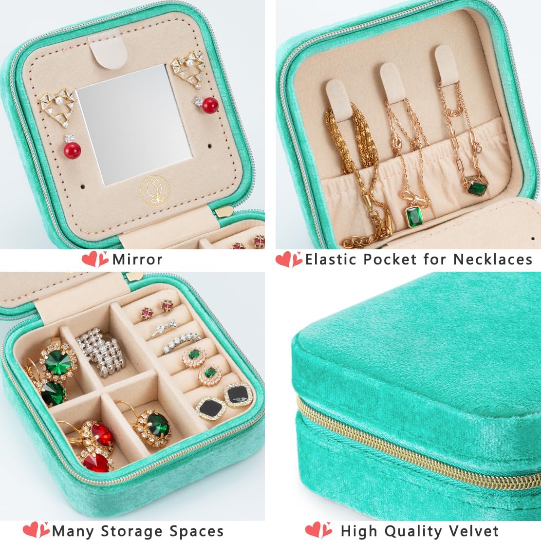 Plush Velvet Jewelry Travel Case,Small Jewelry Box,Traveling Jewelry Organizer,Portable Jewellery Storage Holder for Rings Earrings Necklace Bracelet, for Girls Women | Pink-Mirror