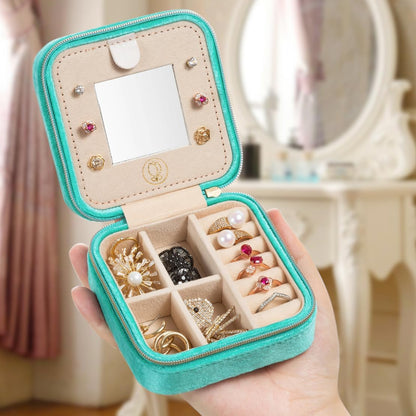 Plush Velvet Jewelry Travel Case,Small Jewelry Box,Traveling Jewelry Organizer,Portable Jewellery Storage Holder for Rings Earrings Necklace Bracelet, for Girls Women | Pink-Mirror