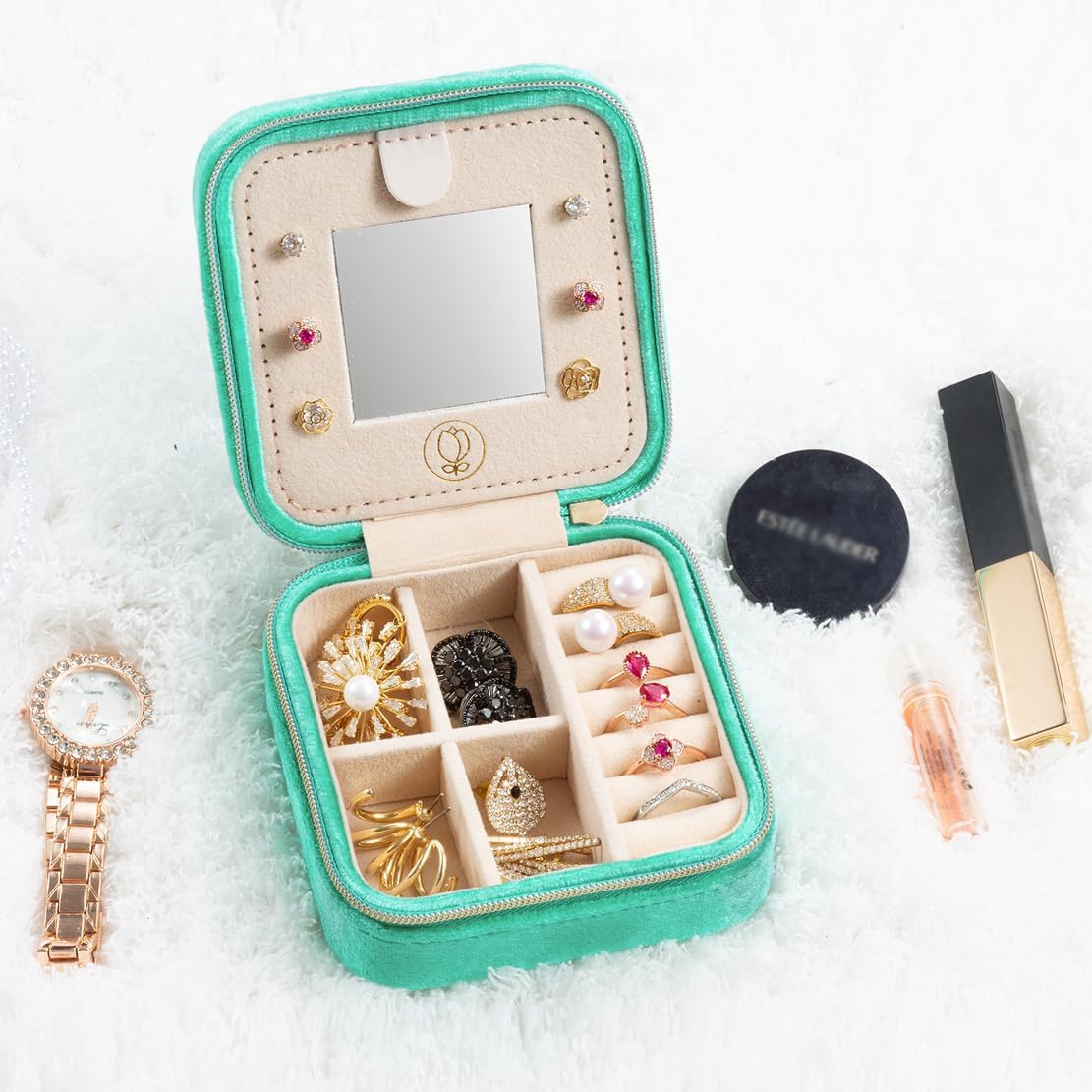 Plush Velvet Jewelry Travel Case,Small Jewelry Box,Traveling Jewelry Organizer,Portable Jewellery Storage Holder for Rings Earrings Necklace Bracelet, for Girls Women | Pink-Mirror